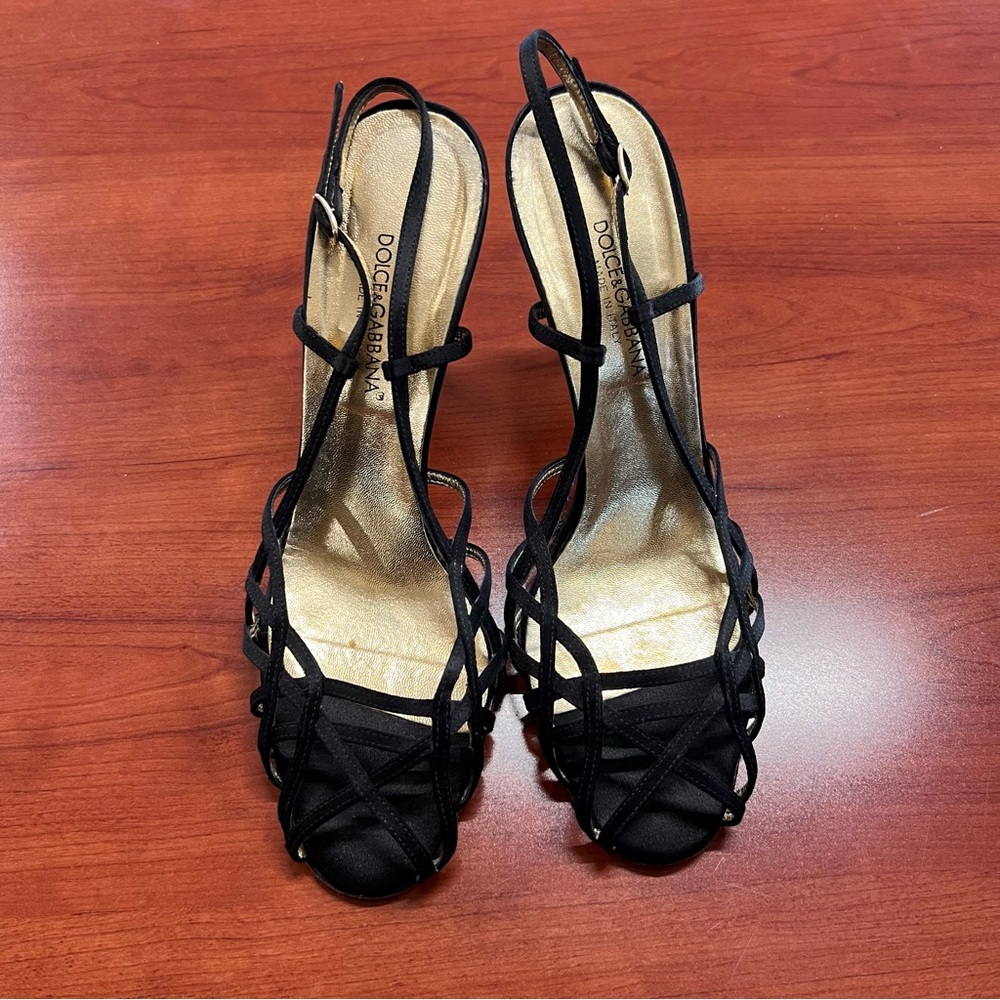 Dolce & Gabbana Black Strappy Slingback Heels with Gold Insole - Picture 9 of 11